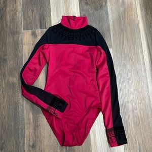 Weissman red black mesh long sleeve leotard